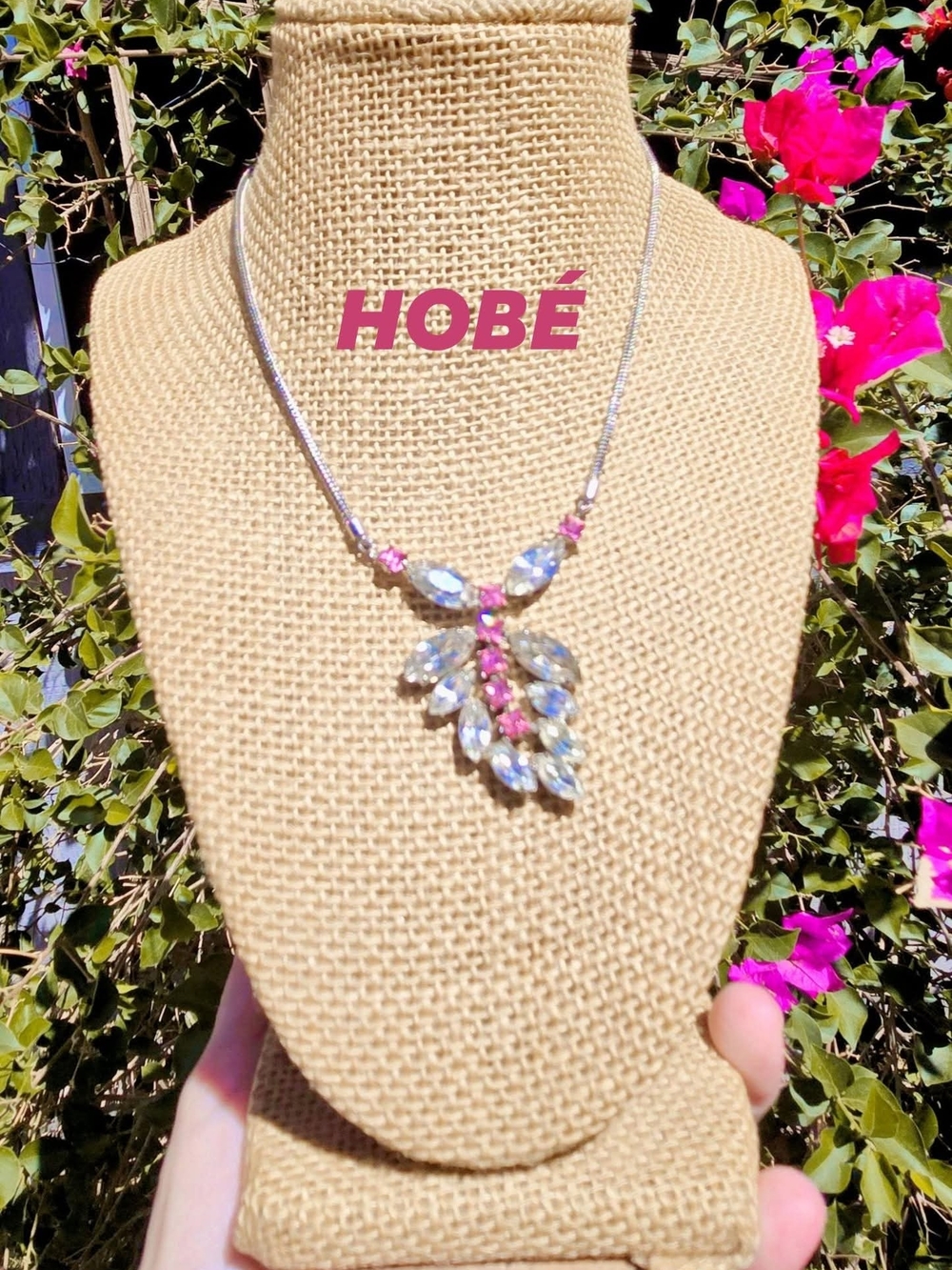 Mid-Century Signed HOBÉ Pink & Clear Marquise Rhinestone Fringe Necklace